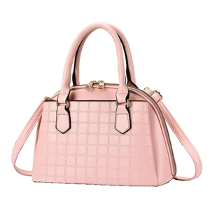 Light pink minimalist leather handbag with square texture and gold hardware for women
