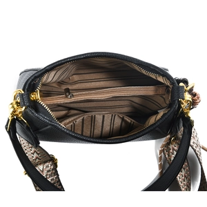 Vue intérieure du sac en cuir noir avec doublure rayée marron et détails dorés chic