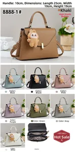 Litchi texture leather handbag detail showing metal lock and eight available colors