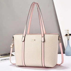 Minimalist large-capacity tote bag with off-white herringbone weave and pink leather straps