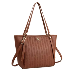 Caramel brown vintage embossed tote bag with double handles and adjustable shoulder strap