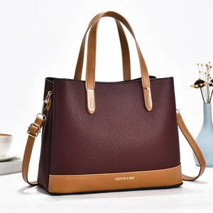 Women Fashion Litchi Grain PU Leather Tote Bag Large Capacity Color Block Handbag For Daily Commute Casual