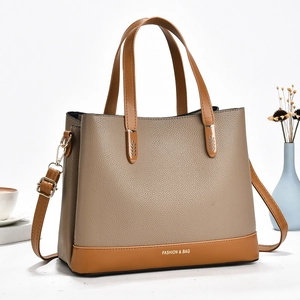 Minimalist bicolor tote bag in taupe and brown leather with Fashion & Bag print
