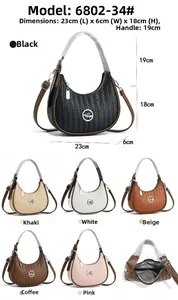 Detailed view of woven crescent shoulder bag sizes and six color options available