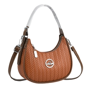 Brown woven half-moon crossbody bag with silver bird logo and adjustable strap