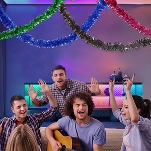 Colorful 2m thick tinsel garlands in green, blue, pink, and black for party ceiling decor