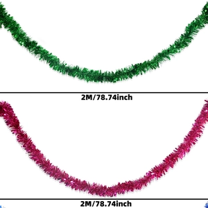 Detail view of 2m metallic tinsel garland in green and rose red for festive party decoration