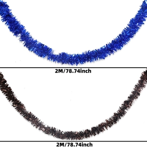 Detail of 2M thick tinsel garland in blue and dark red for party ceiling decorations