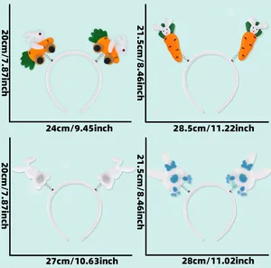 Detailed size chart for Easter bunny and carrot headbands showing dimensions in cm and inch
