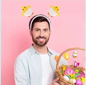 Detailed view of yellow chick Easter headband with soft felt finish on a model