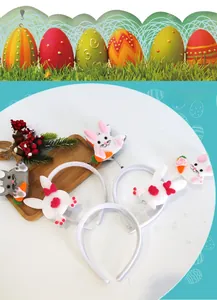 Detailed view of three white plush Easter headbands featuring felt bunnies holding carrots