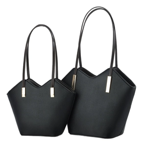 Minimalist black lychee texture tote bag set with V-shaped design and gold metal hardware