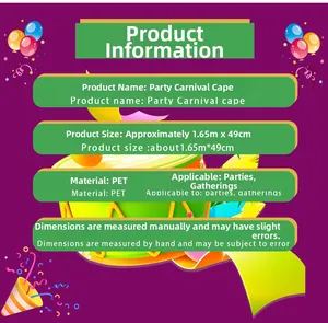 Detailed size chart of the 1.65m x 49cm PET shiny party carnival cape with tassels