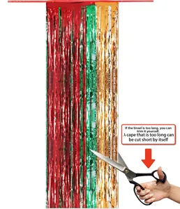 Detail showing tricolor metallic fringe curtain being trimmed for DIY length adjustment