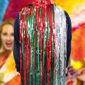 Festive laser tinsel cape in red green and silver for Christmas party costumes