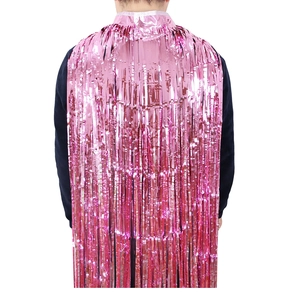 Detailed view of pink metallic fringe cape for festive party and holiday costumes