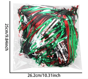 Detailed view of red, green, and silver metallic tinsel strips packed in a transparent bag