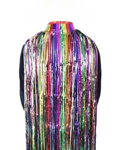 Macro shot of colorful metallic laser fringe shawl for festivals and party dance costumes