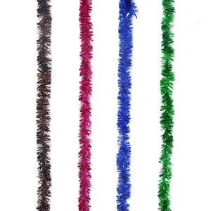 Colorful metallic tinsel garlands in dark brown, rose red, royal blue, and emerald green