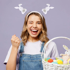 Easter velvet bunny ears headband shown on a model holding a festive egg basket