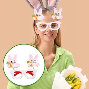 Easter bunny party glasses with velvet plush rabbits and carrots for festive dress-up