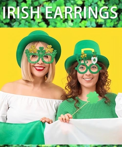 Close-up of glitter St. Patrick's Day clover glasses and accessories for party outfits