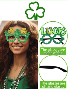 Detail of green felt St. Patrick's Day glasses with clover leaf and luck text glitter