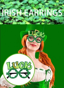 Close-up of green St. Patrick's Day LUCK glasses with gold glitter clovers on a model