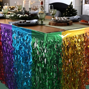 Rainbow metallic foil fringe table skirt for festive birthday and wedding party decoration