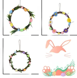Macro view of three sizes of Easter rattan wreaths with colorful eggs and spring flowers