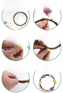 DIY Easter wreath kit detail showing rattan ring, colorful eggs and floral decoration