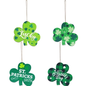 Saint Patrick's Day wooden clover hanging signs with Lucky slogans and green plaid
