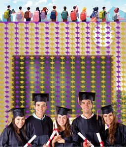 Hanging purple and gold graduation mortarboard curtain decorations for party backdrop