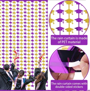 Detail of purple and gold graduation mortarboard foil curtain with self-adhesive backing