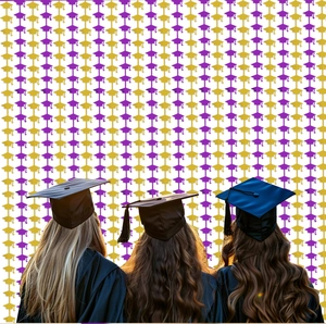 Detail of black graduation gown and cap with tassel against purple and gold backdrop