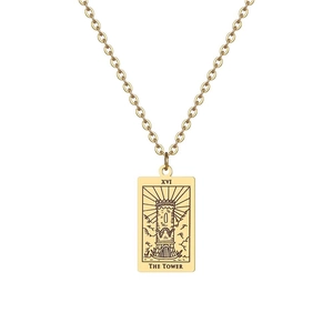 Collier avec pendentif Tarot en acier inoxydable doré, motif de la carte La Tour