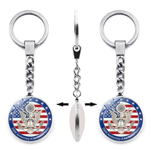 US 250th anniversary metal keychain with eagle seal and glass pendant shown in three views