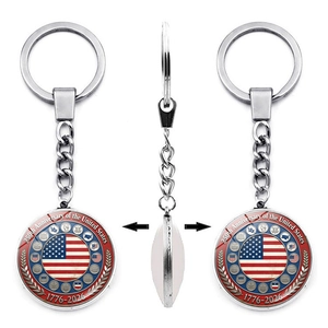 Detail of USA 250th anniversary rotating metal keychain showing front and back design