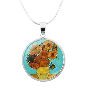 Λεπτομέρεια ασημένιο κολιέ με μενταγιόν Van Gogh Sunflowers από γυάλινο θόλο