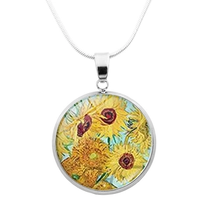 Καλλιτεχνικό κολιέ με μενταγιόν Van Gogh Sunflowers και ασημένια αλυσίδα φιδιού