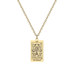 Collier Tarot doré avec pendentif Le Monde en acier inoxydable poli brillant