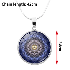 Mandala yoga pendant necklace with blue glass dome, 2.8cm diameter and 42cm chain
