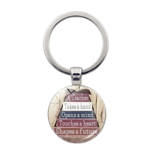 Silver teacher appreciation keychain with inspirational glass dome quote charm