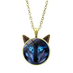 Vintage bronze necklace with a mystical blue-eyed wolf pendant and cat-ear decorative design