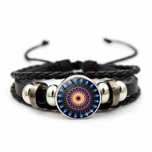 Detail of multi-layer leather yoga bracelet with colorful mandala flower glass gem