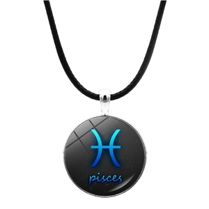 Collier 12 Signes Du Zodiaque Verre Pierre Du Temps Pendentif Rond Alliage De Zinc Cordon En Cuir Bijoux Mode