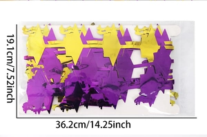 Detailed view of purple and gold party tinsel curtain packaging with size dimensions