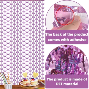 Detail of purple crown fringe curtain with self-adhesive backing for party decoration