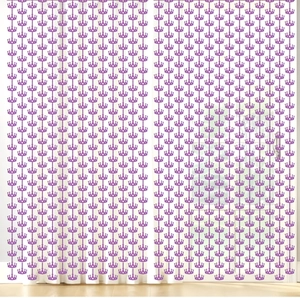 Detail of white translucent curtain with repeating purple crown patterns for party decor
