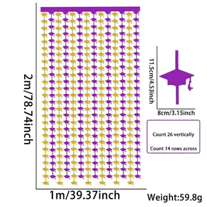Graduation party backdrop curtain with purple and gold mortarboard tassels, 1x2 meters